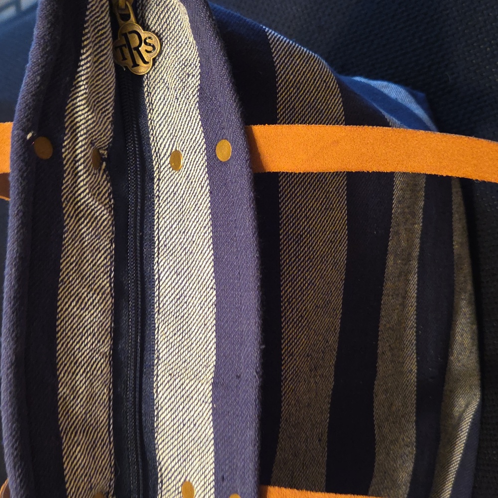 Navy & Cream Striped Canvas Tote with Tan Leather Handles - Picture 3 of 8